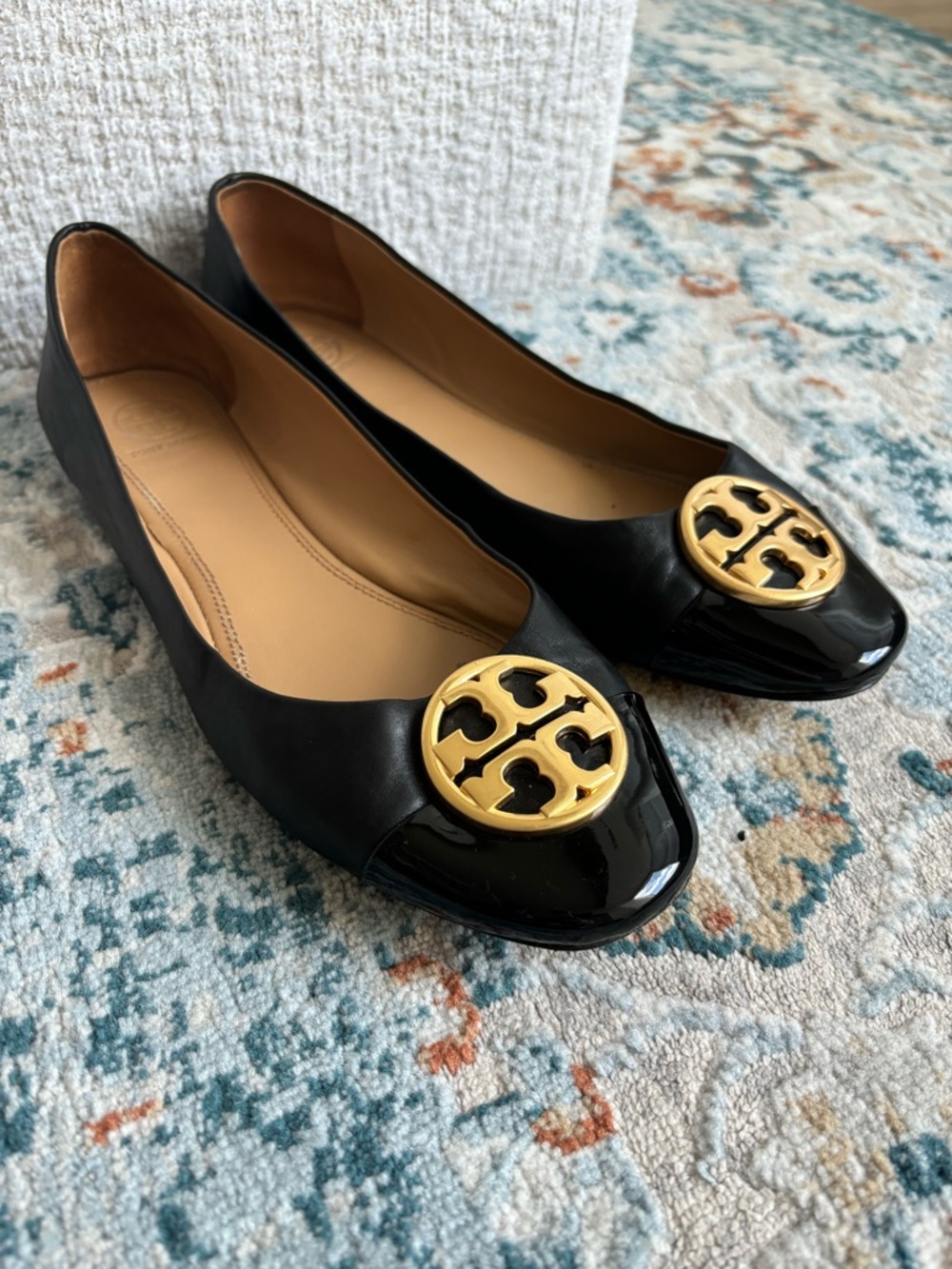 Tory Burch Black Ballet Flats with Gold Logo Medallion